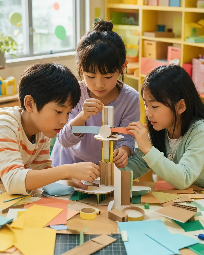 仲間と工作プロジェクトに夢中になる小学生のイメージ