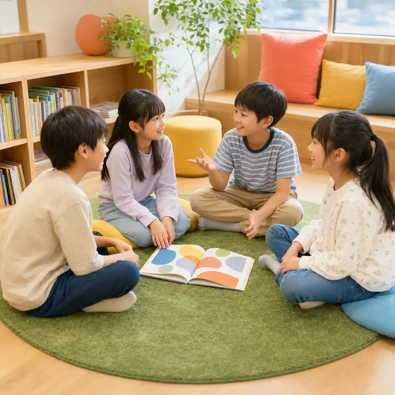 仲間と絵本を囲んで会話を楽しむ小学生のイメージ